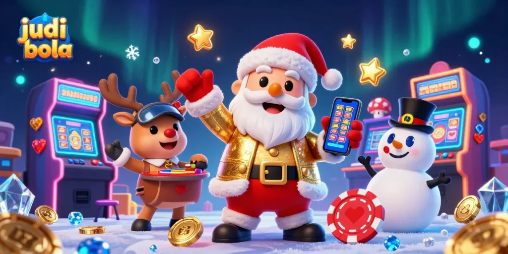Bettors engage with judi bola in an energetic 3D casino scene full of games and festive characters.