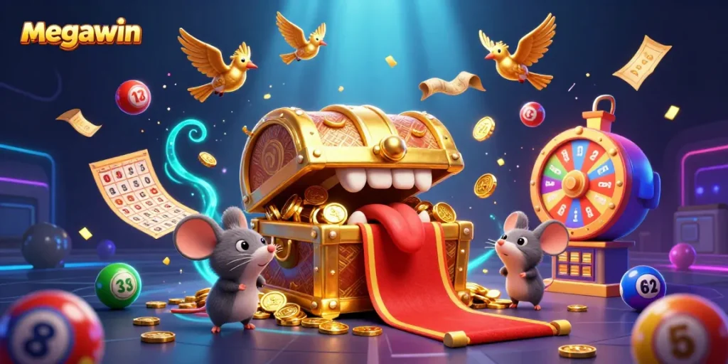 Menghadapi megawin dengan mesin slot penuh harta emas yang menarik, dikelilingi bola lotere warna-warni.