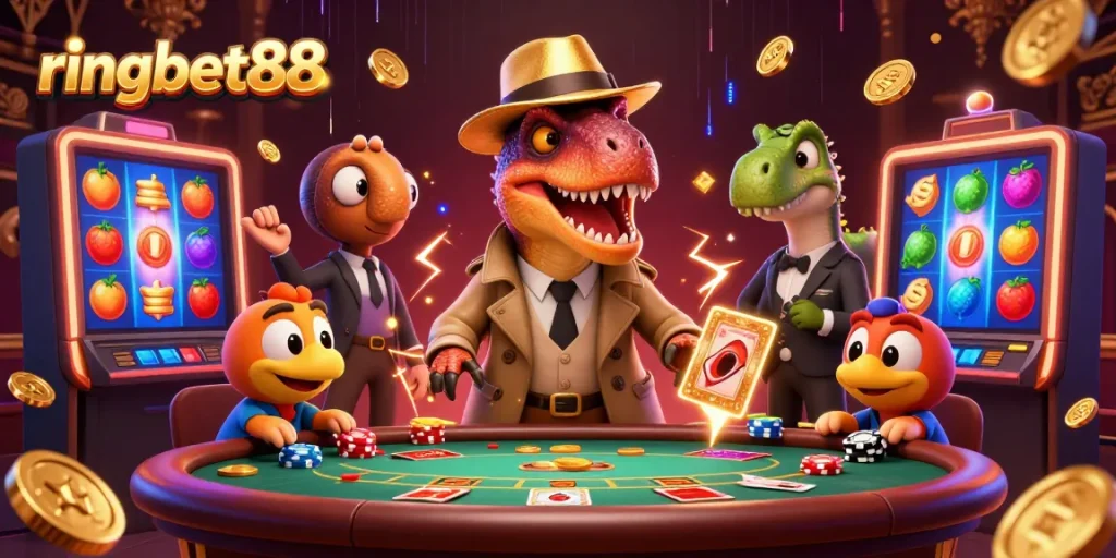 Experience thrilling gaming with ringbet88 as animated dinosaurs play slots in a vibrant casino.