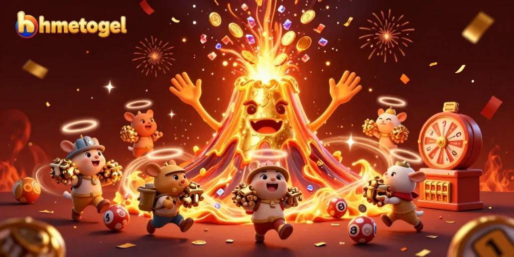 Experience the excitement of hometogel with a vibrant 3D illustration showcasing a golden volcano and lottery elements.