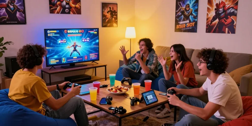 Friends enjoying situs slot gaming night with controllers and snacks in cozy setting