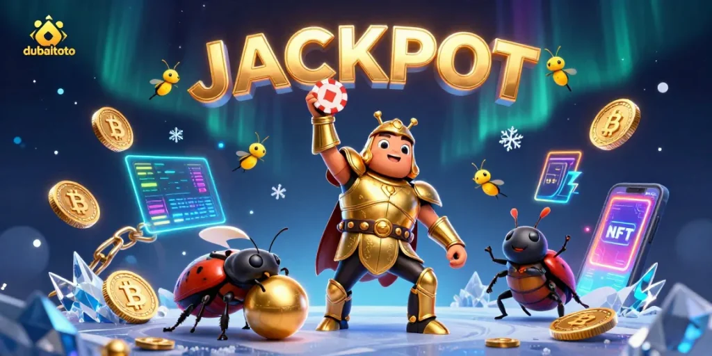 Spin and win with dubaitoto featuring a heroic beetle lifting a poker chip amid a dazzling casino scene.