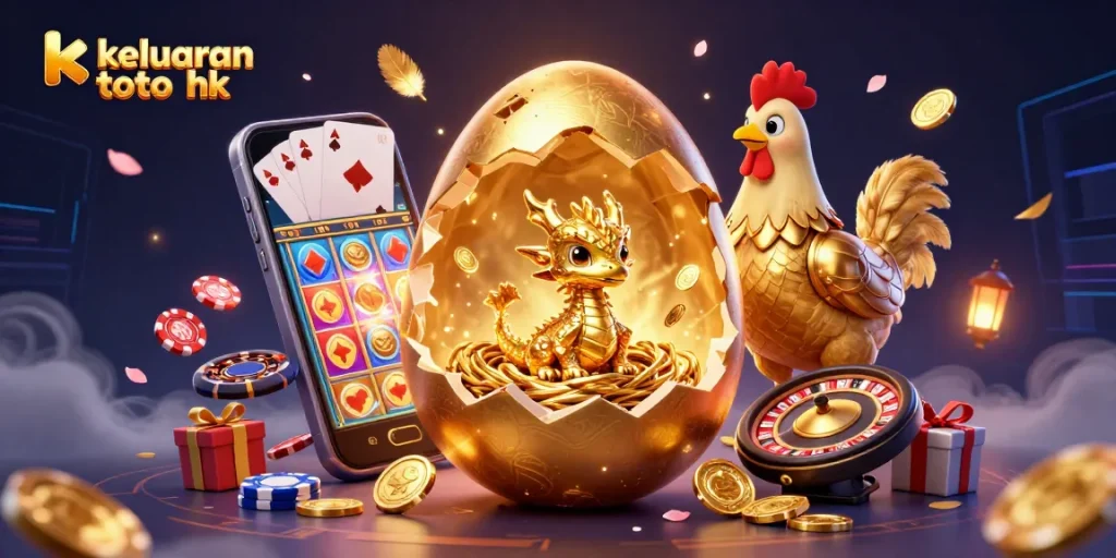 Mendapatkan keluaran toto hk yang cepat dengan ilustrasi kasino dengan naga emas dan chip poker berlimpah.