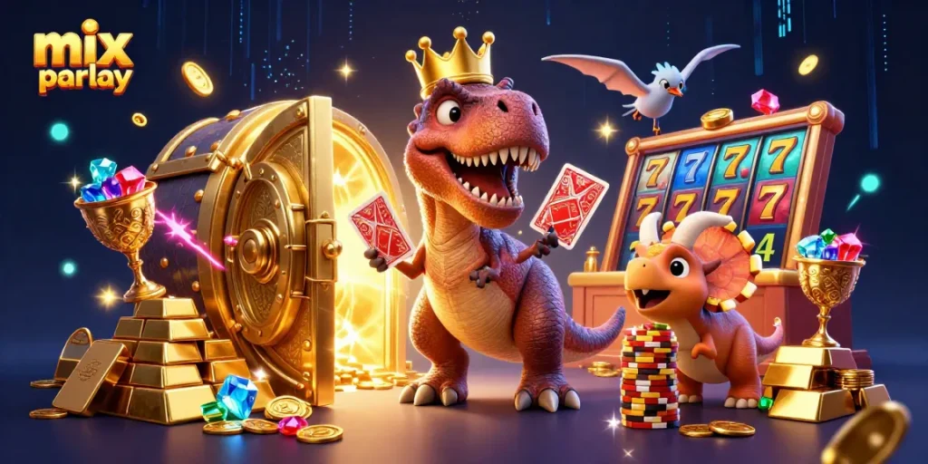 Taruhan mix parlay pada ilustrasi kasino penuh warna dengan dinosaur dan koin emas