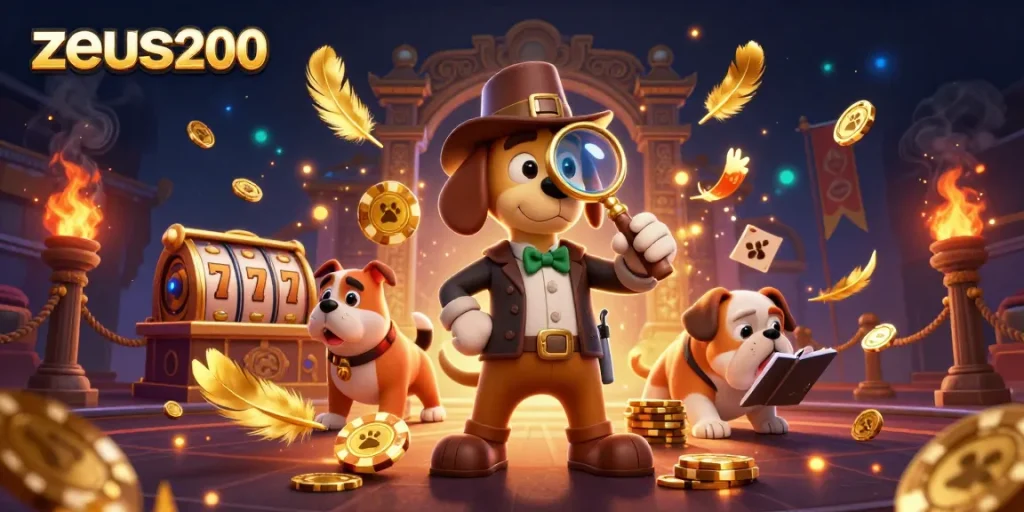 Menangkan di zeus200 dengan ilustrasi mendetail, detektif dan bulldog di kasino.