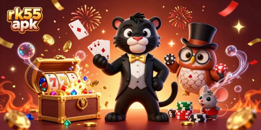 Experience captivating gaming with rk55 apk in this vibrant casino scene featuring a panther dealer and playful characters.
