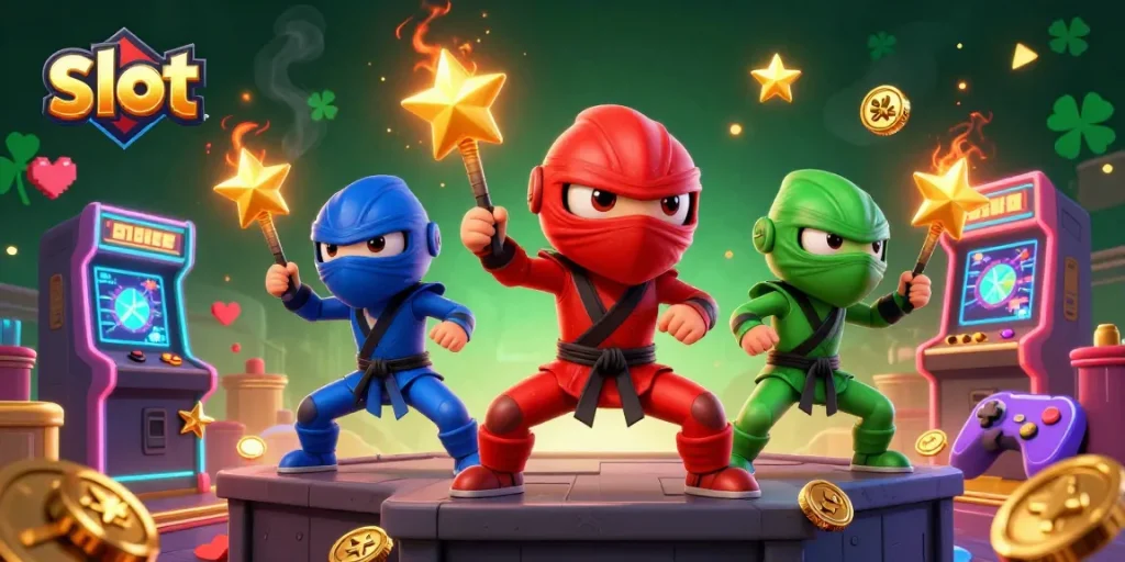 Experience thrilling slot gaming adventures with a vibrant chameleon team in a colorful casino scene.