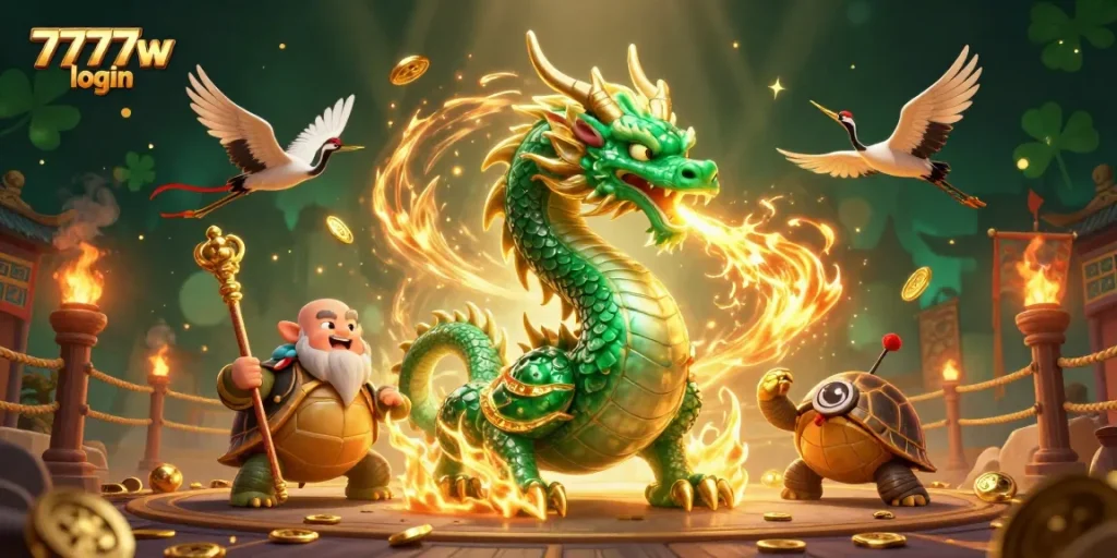 Experience the thrill of 7777w login with a vibrant scene featuring lucky symbols and dynamic characters.
