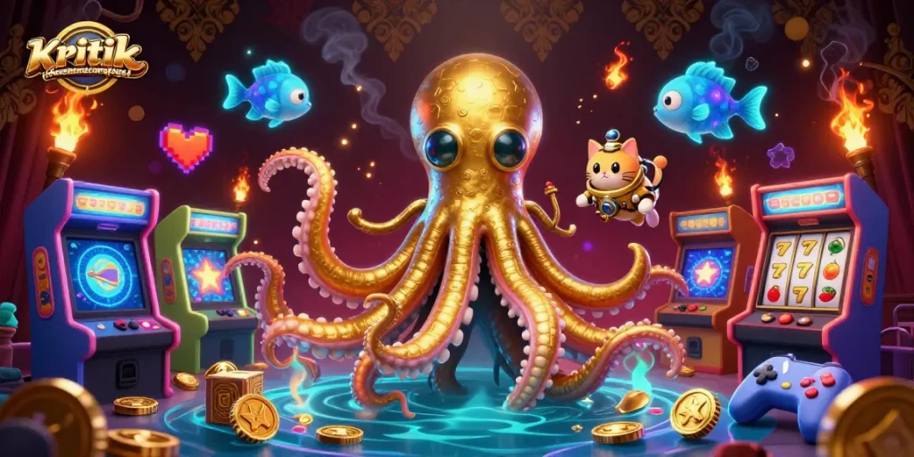Experience the thrill of kritikdansarancongtogel with a vibrant scene featuring a kraken and gaming elements.