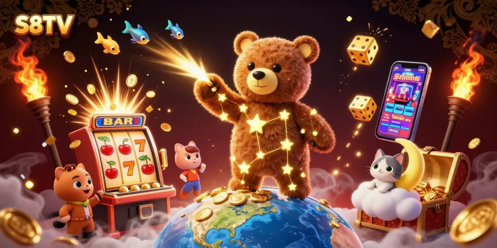S8TV sports stream featuring dynamic characters and rich casino elements, capturing the excitement of gambling