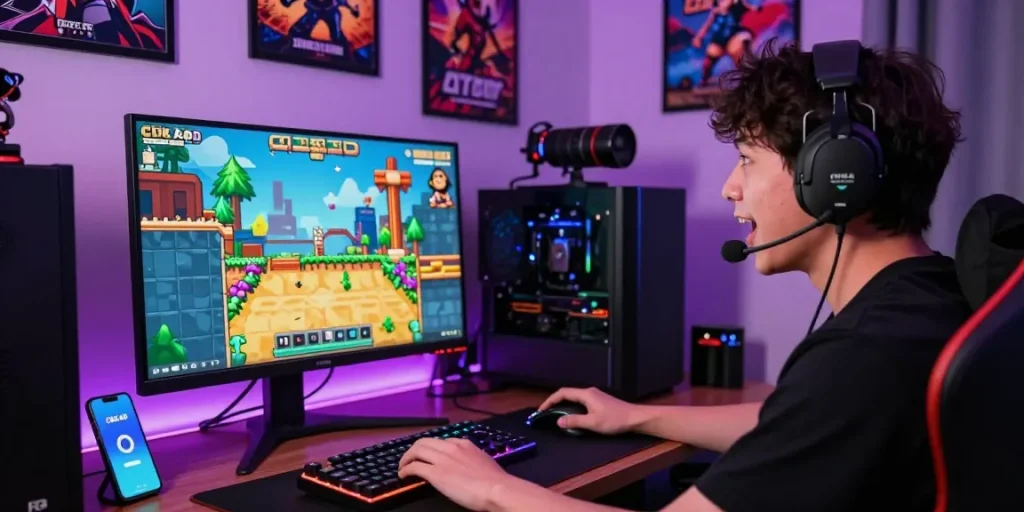 Player enjoying CIKA4D platform game with vibrant graphics and modern gaming setup, showcasing immersive online gaming experience.