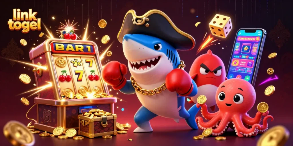 Engage with link togel as a jackpot explodes in a vibrant casino scene with animated characters!