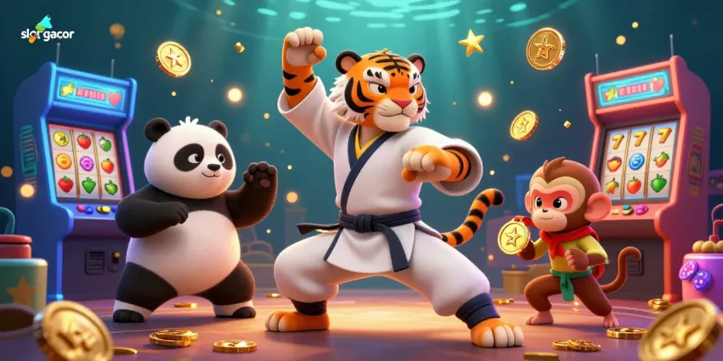 Engage with the slot gacor gaming world through dynamic visuals, showcasing vibrant characters and gaming elements.