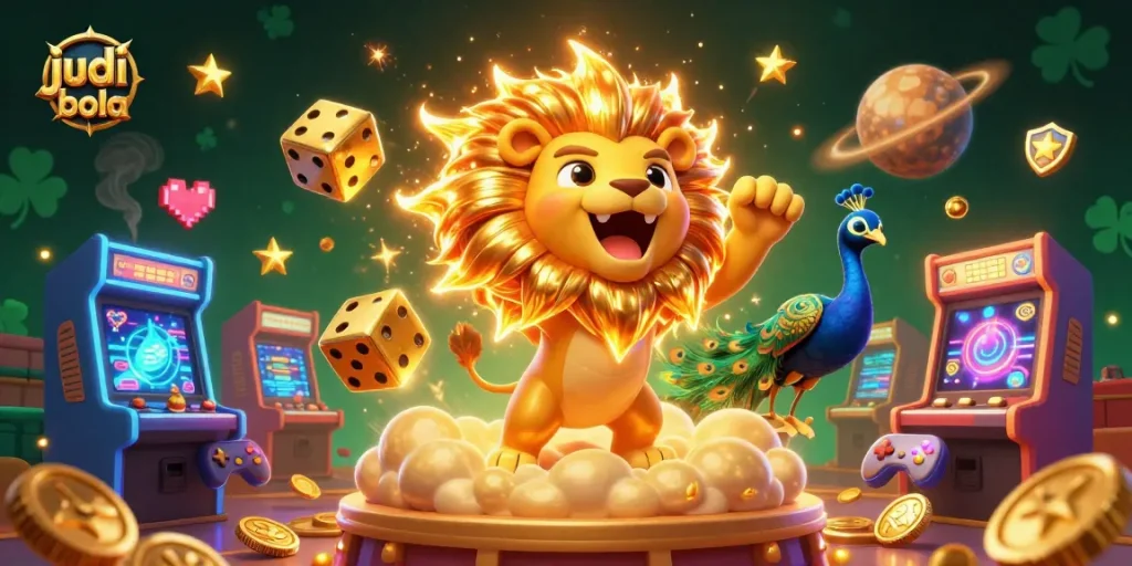 Bettors enjoy judi bola with vibrant visuals of a roaring sun lion and dynamic gaming elements.