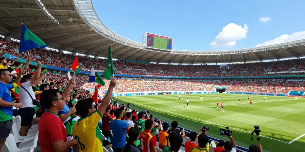 Suasana pertandingan sepak bola dengan prediksi piala dunia 2026 di stadion penuh semangat.