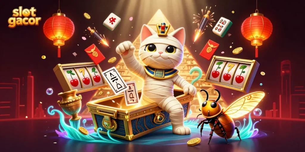 Experience the thrill of slot gacor with an Egyptian mummy cat and fortune elements in a vibrant casino.
