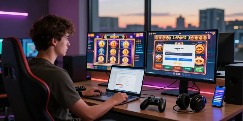 Engaged player using tempototo login on dual monitors for online gaming.