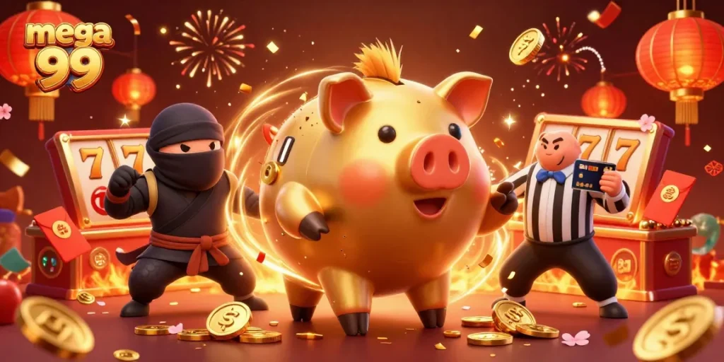 Play slots with mega 99 featuring a golden piggy bank sumo wrestler and vibrant casino elements.