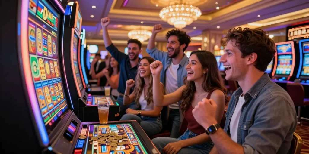 Excited group celebrating slot gacor jackpot win in a vibrant casino setting.