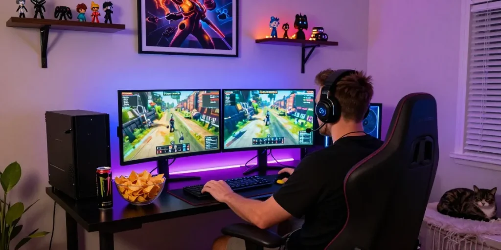 ฮีโร่เกมมิ่งตั้งอยู่ในห้องนั่งเล่นที่อบอุ่นพร้อมแสงไฟ LED เล่น playme8 direct web