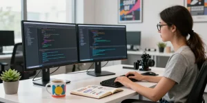Lingkungan kerja teknologi yang modern dengan pengembang perangkat lunak sedang bekerja di depan layar besar, menunjukkan ligagalaxy dalam konteks inovasi.