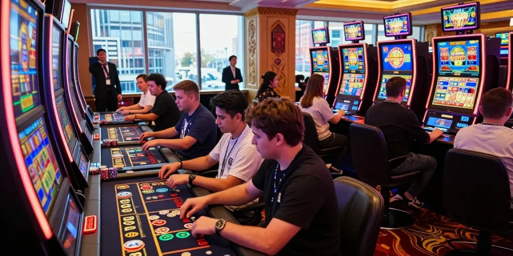 Engaging gaming scene with players at slot gacor machines, vibrant casino atmosphere showcasing excitement and entertainment.