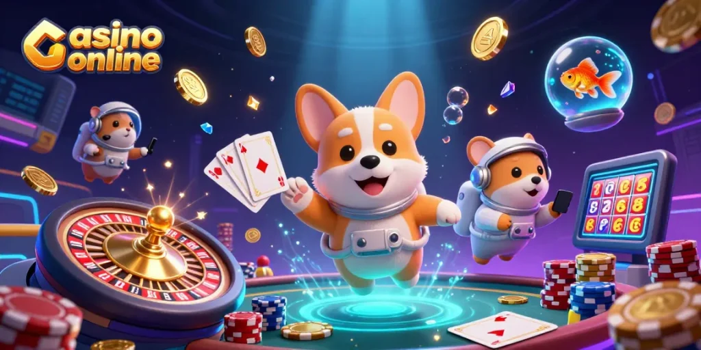 Experience fun at this casino online with a playful astronaut corgi and shimmering poker chips.