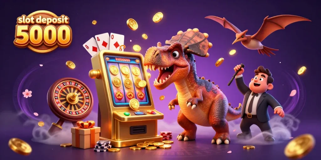 Experience slot deposit 5000 excitement with a dinosaur-themed slot machine scene.