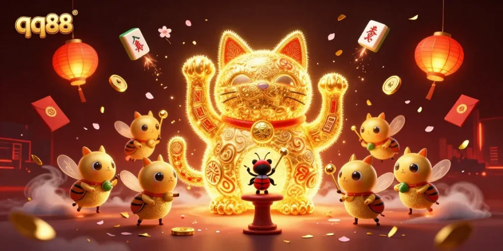 Experience the excitement of qq88 with a waving lucky cat surrounded by vibrant casino symbols and festive elements.