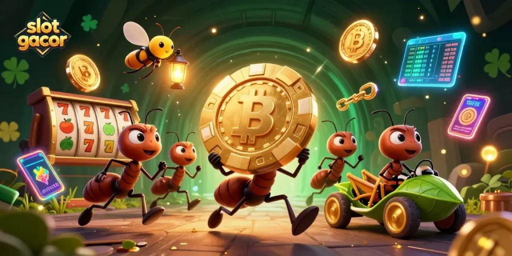 Slot gacor menunjukkan semut kartun mencuri chip poker emas besar dalam suasana kasino yang cerah dan berwarna-warni.
