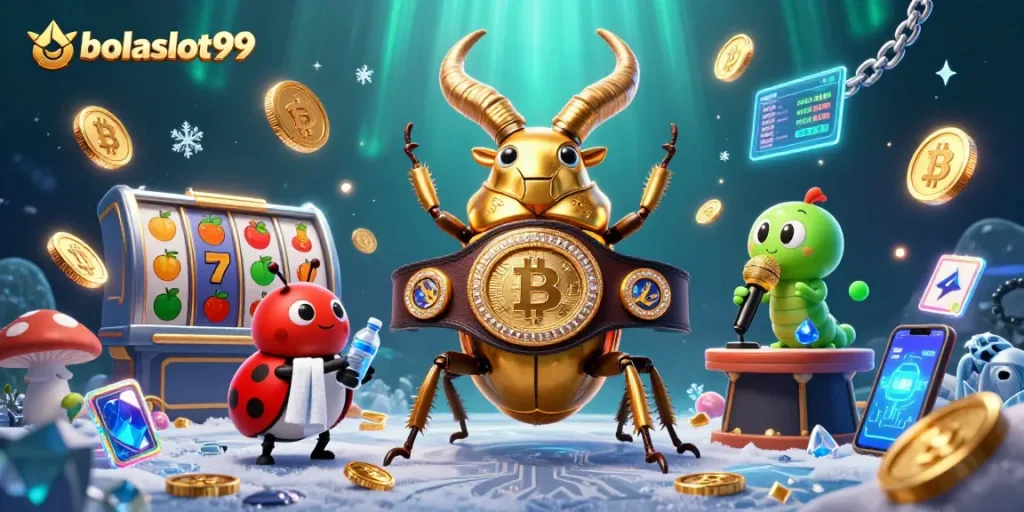 Experience an energetic scene in bolaslot99 with a giant stag beetle and crypto elements.