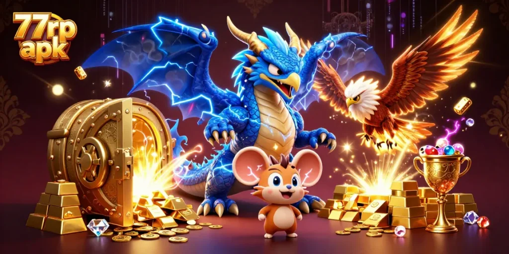 Play thrilling games with the 77rp apk, featuring vibrant characters and dazzling treasures.