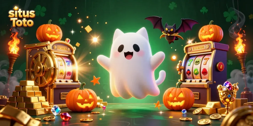 Experience winning at situs Toto with a friendly ghost cat in a haunted casino scene.